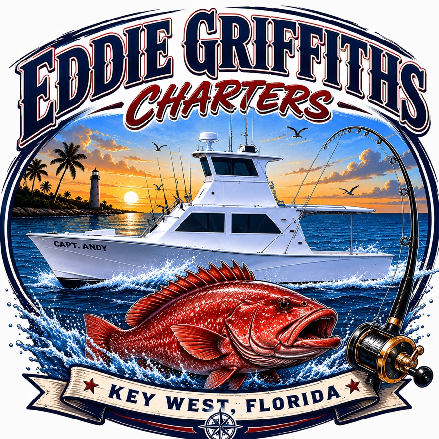 Eddie Griffiths Charters logo featuring the Capt. Andy fishing boat and a red grouper in Key West, Florida